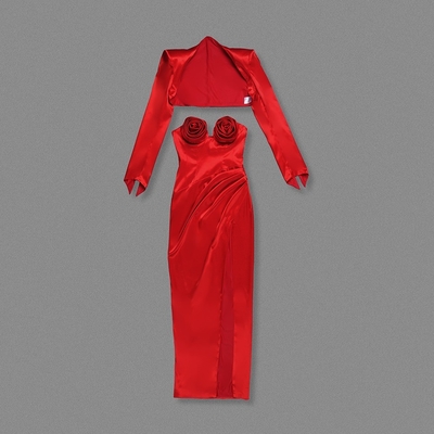 Water Washed Flowers Decorated Red Satin Maxi Dress with Suit Jacket SS2395 Women's Elegant and Sexy High Slit