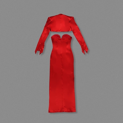 Water Washed Flowers Decorated Red Satin Maxi Dress with Suit Jacket SS2395 Women's Elegant and Sexy High Slit