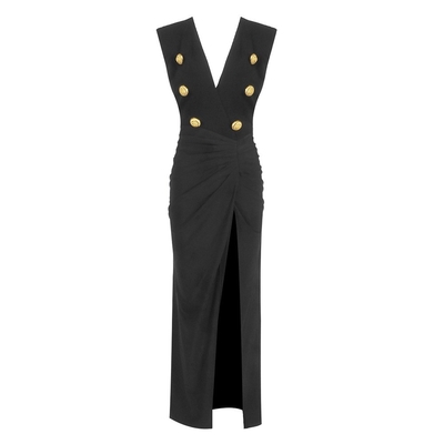 Natural Waistline Women's Sexy V-Neck High Slit Cocktail Dress with Pleated Hem and Bodycon Fit 7-Day Fast Sampling