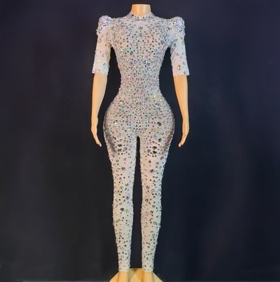 AD2448 Women's Luxurious Handmade Crystal Jumpsuit in Silver Sexy Mesh and Rhinestone Short Sleeves Jumpsuit from Guangdong
