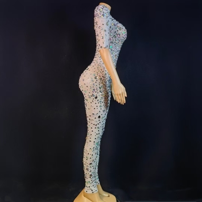 AD2448 Women's Luxurious Handmade Crystal Jumpsuit in Silver Sexy Mesh and Rhinestone Short Sleeves Jumpsuit from Guangdong