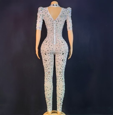 AD2448 Women's Luxurious Handmade Crystal Jumpsuit in Silver Sexy Mesh and Rhinestone Short Sleeves Jumpsuit from Guangdong