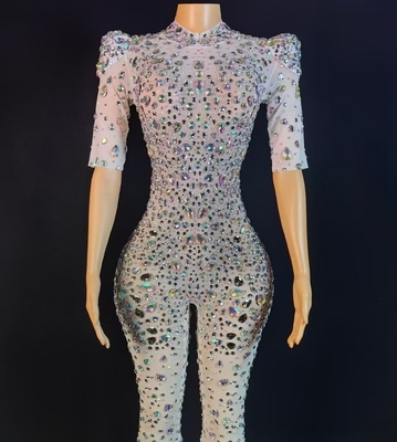 AD2448 Women's Luxurious Handmade Crystal Jumpsuit in Silver Sexy Mesh and Rhinestone Short Sleeves Jumpsuit from Guangdong