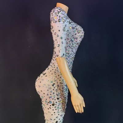 AD2448 Women's Luxurious Handmade Crystal Jumpsuit in Silver Sexy Mesh and Rhinestone Short Sleeves Jumpsuit from Guangdong