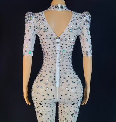 AD2448 Women's Luxurious Handmade Crystal Jumpsuit in Silver Sexy Mesh and Rhinestone Short Sleeves Jumpsuit from Guangdong