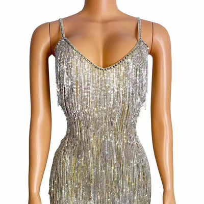 Kimshein AD2225 Fashion Women's Party Dress Luxurious Sleeveless V-Neck Fringe Evening Dress with Other Printing Methods