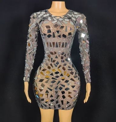 AD2449 Women's Mirror Sequin Short Skirt Dance Performance Costume Long Sleeve Crystal Beaded Dress 7-Day Fast Sampling