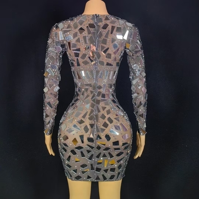 AD2449 Women's Mirror Sequin Short Skirt Dance Performance Costume Long Sleeve Crystal Beaded Dress 7-Day Fast Sampling