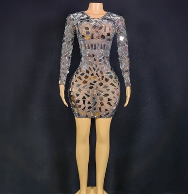 AD2449 Women's Mirror Sequin Short Skirt Dance Performance Costume Long Sleeve Crystal Beaded Dress 7-Day Fast Sampling