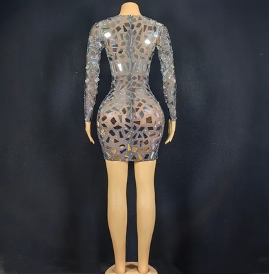 AD2449 Women's Mirror Sequin Short Skirt Dance Performance Costume Long Sleeve Crystal Beaded Dress 7-Day Fast Sampling