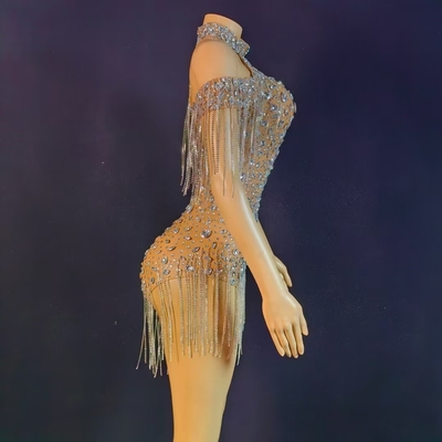 KIMSHEIN AD2451 Handmade Silver Rhinestone Bodysuit and Fringe Set for Women's Fashionable Attire