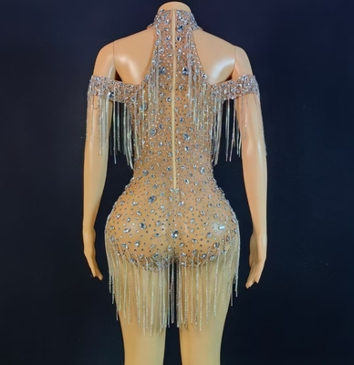 KIMSHEIN AD2451 Handmade Silver Rhinestone Bodysuit and Fringe Set for Women's Fashionable Attire