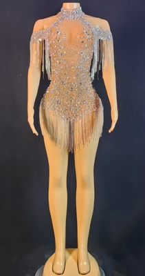 KIMSHEIN AD2451 Handmade Silver Rhinestone Bodysuit and Fringe Set for Women's Fashionable Attire