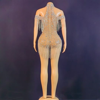 KIMSHEIN AD2451 Handmade Silver Rhinestone Bodysuit and Fringe Set for Women's Fashionable Attire