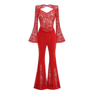 Kimsheinfashion Red Lace Long Sleeve Loose Women's Pants Sexy Women's Clothing SR2374 Two-Piece Set 's Lace Clothing