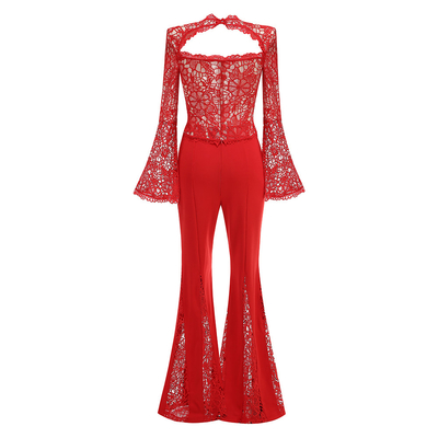 Kimsheinfashion Red Lace Long Sleeve Loose Women's Pants Sexy Women's Clothing SR2374 Two-Piece Set 's Lace Clothing