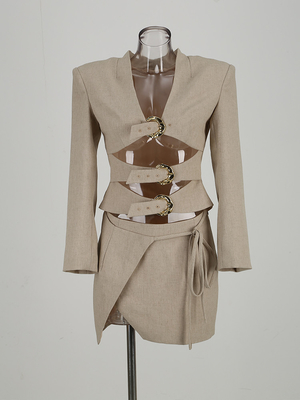 SR2370 Women's Fashionable V-neck Hollow Two-piece Long Sleeve Top and Short Skirt Set with 7-day Fast Sampling Support