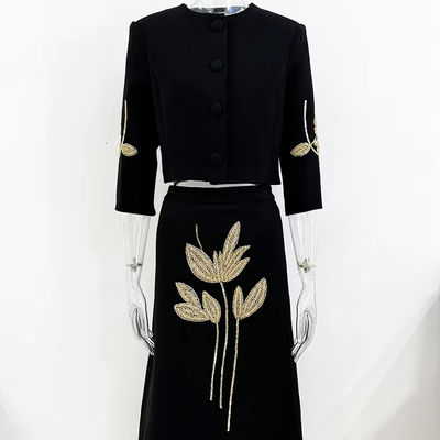 BLAZER SR2369 Luxurious Top and Skirt Set embellished with Beaded Floral Accents Spring Fashion Suit