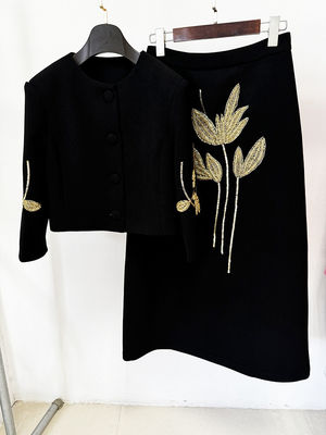 BLAZER SR2369 Luxurious Top and Skirt Set embellished with Beaded Floral Accents Spring Fashion Suit