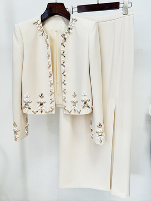 SR2367 Luxurious Handcrafted Crystal Flower Suit Set Tailored Blazer and Short Skirt for Women in the Spring Collection