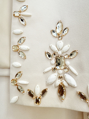 SR2367 Luxurious Handcrafted Crystal Flower Suit Set Tailored Blazer and Short Skirt for Women in the Spring Collection