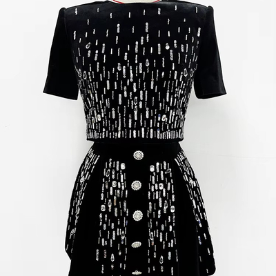 SS2359 Black Luxurious Shiny Beaded Women's Crystal Suit Jacket and Skirt Set Smart Tracking Supported for Luxurious Suit
