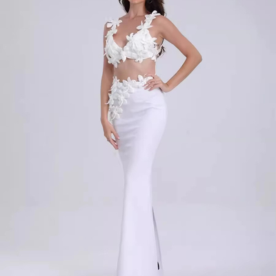 SS2351 Summer White Sleeveless 3D Flower Matching Set for Women Sexy Backless Two-Piece Dress Set Popular and Fashionable