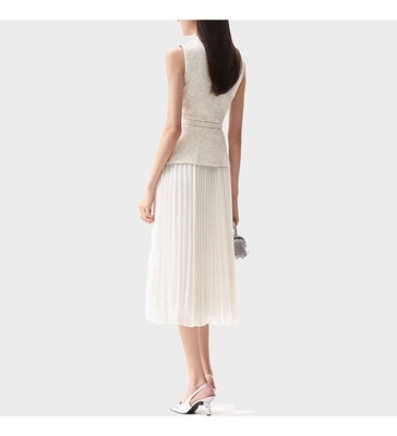 SS2352 White Wool Women's Elegant Office Suit Set with No-Sleeve Sports Jacket and Pleated Skirt in Classic Tweed Pattern