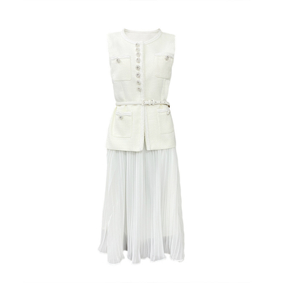 SS2352 White Wool Women's Elegant Office Suit Set with No-Sleeve Sports Jacket and Pleated Skirt in Classic Tweed Pattern