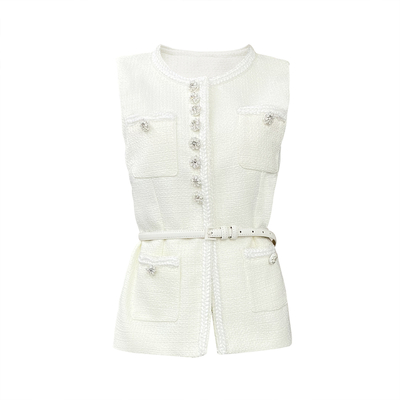 SS2352 White Wool Women's Elegant Office Suit Set with No-Sleeve Sports Jacket and Pleated Skirt in Classic Tweed Pattern