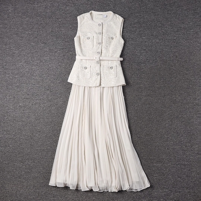 SS2352 White Wool Women's Elegant Office Suit Set with No-Sleeve Sports Jacket and Pleated Skirt in Classic Tweed Pattern