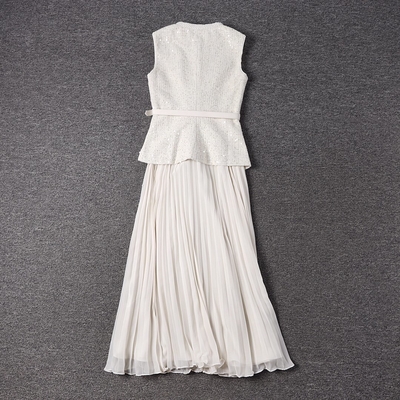 SS2352 White Wool Women's Elegant Office Suit Set with No-Sleeve Sports Jacket and Pleated Skirt in Classic Tweed Pattern