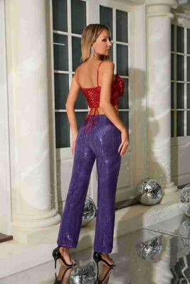 Water Washed SS2348 Summer Sexy Two-Piece Party Set Floral Crop Top and Long Pants for Women in Glittering Bodycon
