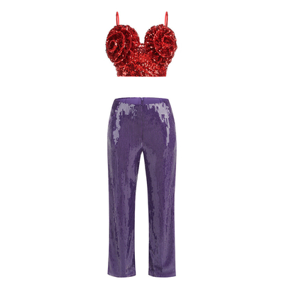 Water Washed SS2348 Summer Sexy Two-Piece Party Set Floral Crop Top and Long Pants for Women in Glittering Bodycon