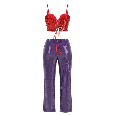 Water Washed SS2348 Summer Sexy Two-Piece Party Set Floral Crop Top and Long Pants for Women in Glittering Bodycon