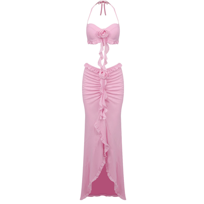 Summer Sexy 2-Piece Set Women's Backless Sleeveless Top High Waist Pleated Skirt Floral Clothing with 240g Fabric Weight