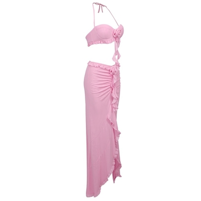 Summer Sexy 2-Piece Set Women's Backless Sleeveless Top High Waist Pleated Skirt Floral Clothing with 240g Fabric Weight
