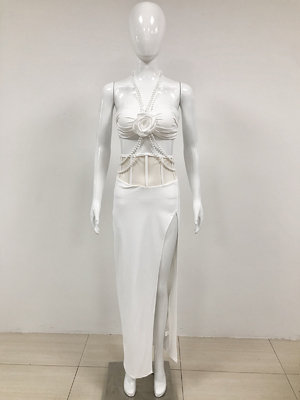 Kimshein SS2342 2-Piece Summer Women's Floral Crop Top and High Slit Sexy Pearl Chain Skirt Manufactured in Guangdong