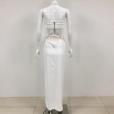 Kimshein SS2342 2-Piece Summer Women's Floral Crop Top and High Slit Sexy Pearl Chain Skirt Manufactured in Guangdong
