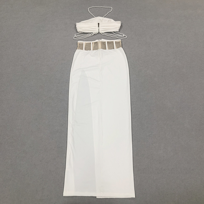 Kimshein SS2342 2-Piece Summer Women's Floral Crop Top and High Slit Sexy Pearl Chain Skirt Manufactured in Guangdong