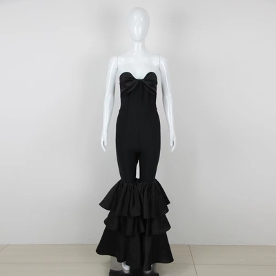 JB2235 Black Sleeveless Elegant Unique Pleated Women's Party Jumpsuit with Off-Shoulder Neckline and Waisted Design