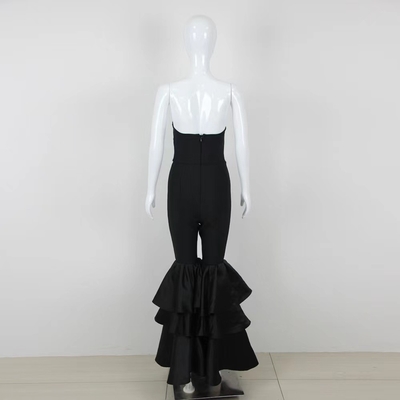 JB2235 Black Sleeveless Elegant Unique Pleated Women's Party Jumpsuit with Off-Shoulder Neckline and Waisted Design