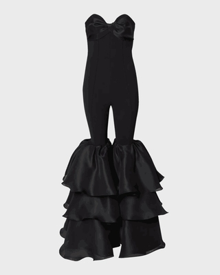 JB2235 Black Sleeveless Elegant Unique Pleated Women's Party Jumpsuit with Off-Shoulder Neckline and Waisted Design
