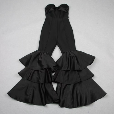 JB2235 Black Sleeveless Elegant Unique Pleated Women's Party Jumpsuit with Off-Shoulder Neckline and Waisted Design