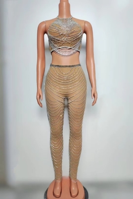 Guangdong AD2294 Women's Fashionable Tight Crystal Chain Two-Piece Set with Woven Method and Quick-Drying Feature Diamonds