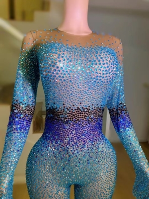 Kimshein AD2296 Handmade Crystal Women's Jumpsuit Sportswear Long Sleeve Crystal Party Outfit for Women's Groundbreaking