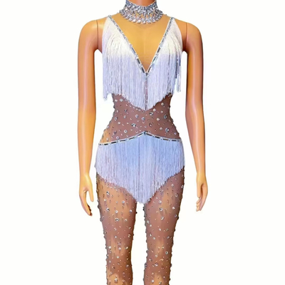 Kimshein AD2258 Crystal Water Diamond Women's Fashion Fringe Bodysuit with Tassels Polyester Spandex Figure-Hugging Suit