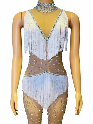 Kimshein AD2258 Crystal Water Diamond Women's Fashion Fringe Bodysuit with Tassels Polyester Spandex Figure-Hugging Suit