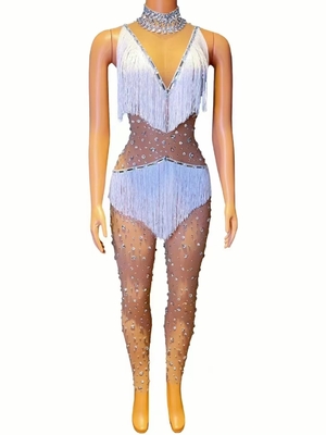 Kimshein AD2258 Crystal Water Diamond Women's Fashion Fringe Bodysuit with Tassels Polyester Spandex Figure-Hugging Suit