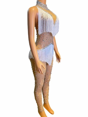 Kimshein AD2258 Crystal Water Diamond Women's Fashion Fringe Bodysuit with Tassels Polyester Spandex Figure-Hugging Suit